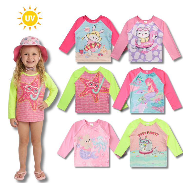 Kit 2 Blusas Manga Longa UV Estampada Feminina/Menina Infantil - Traje de Banho Roupa Piscina Praia