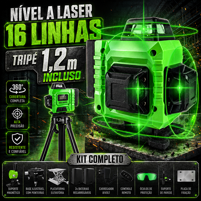 War Shark Nível Laser 16 Linhas Profissional  Verde Nível 360° Auto-Nivelante 4D + Tripé 1.2m + 40m + 4000mAh Baterias*2