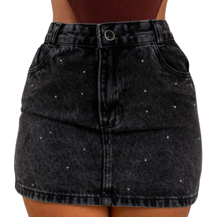 Saia Jeans Estonada Com Cristais De Strass e Brilho Preto - São João| Festa Junina
