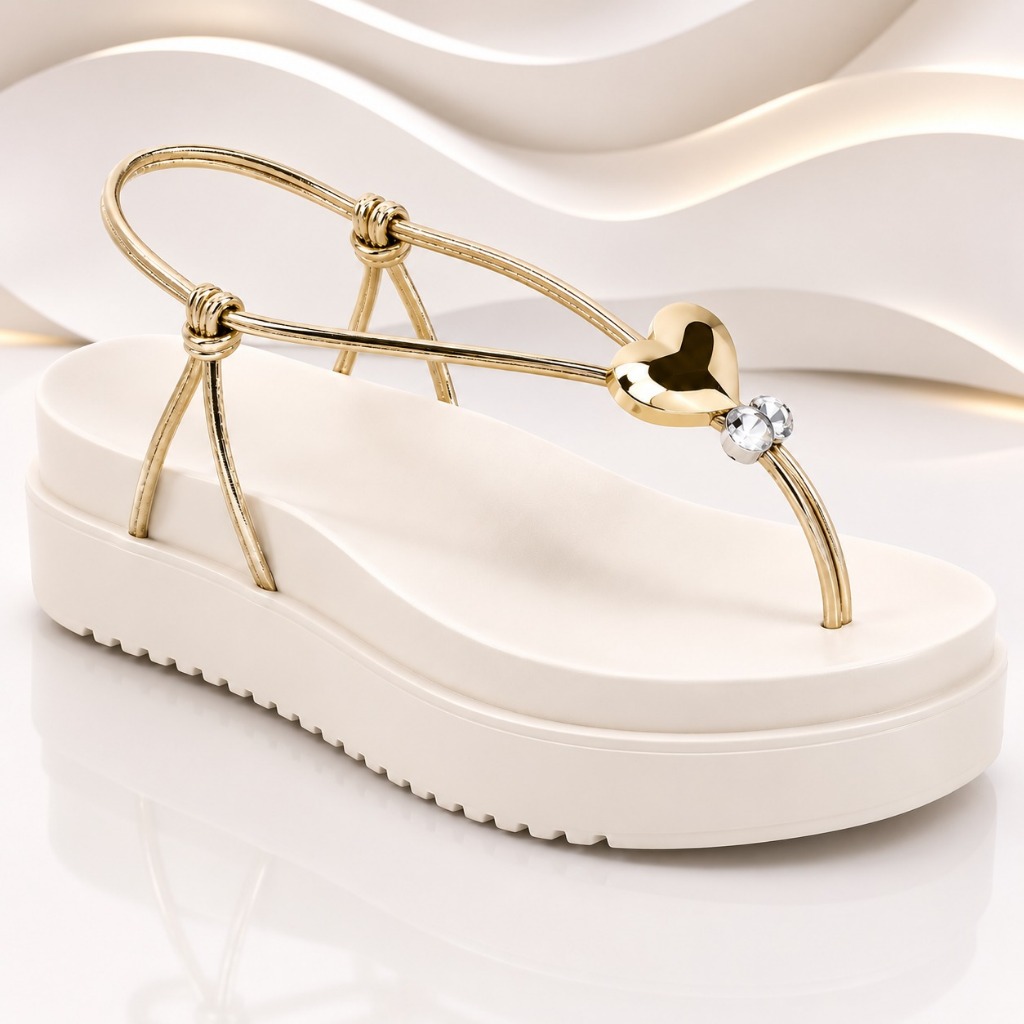 Sandália Feminina Plataforma Papete Confortável Coração Dourado com Strass Casual Antiderrapante
