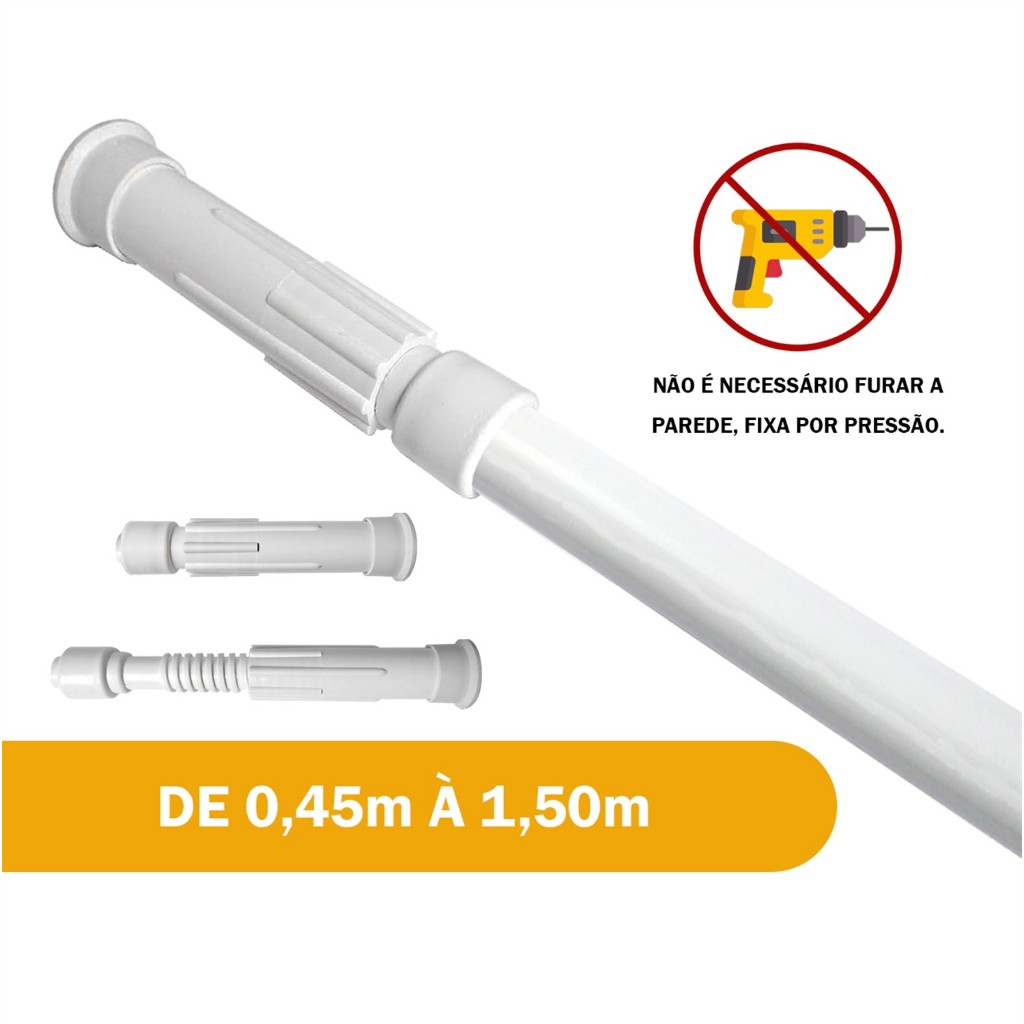 Varão Extensivo Ajustável 0,45m à 1,50m Cortina Box Banheiro Cozinha Suporte S/ Furo Branco Preto