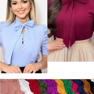 Blusa Feminina Social Manga Curta Bufante com laçinho Moda evangélica -078