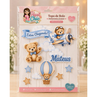 Kit Topo de Bolo Ursinho Balão azul Chá de Bebê Personalizado.