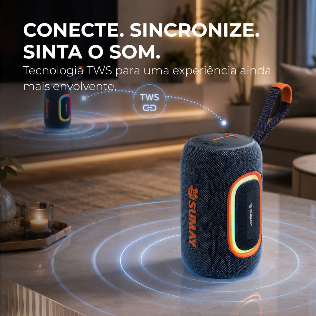Caixa de Som Bluetooth Portátil Sumay Wolfbox Potente Resistente à Água Luz LED Pareamento TWS — oferta na Shopee
