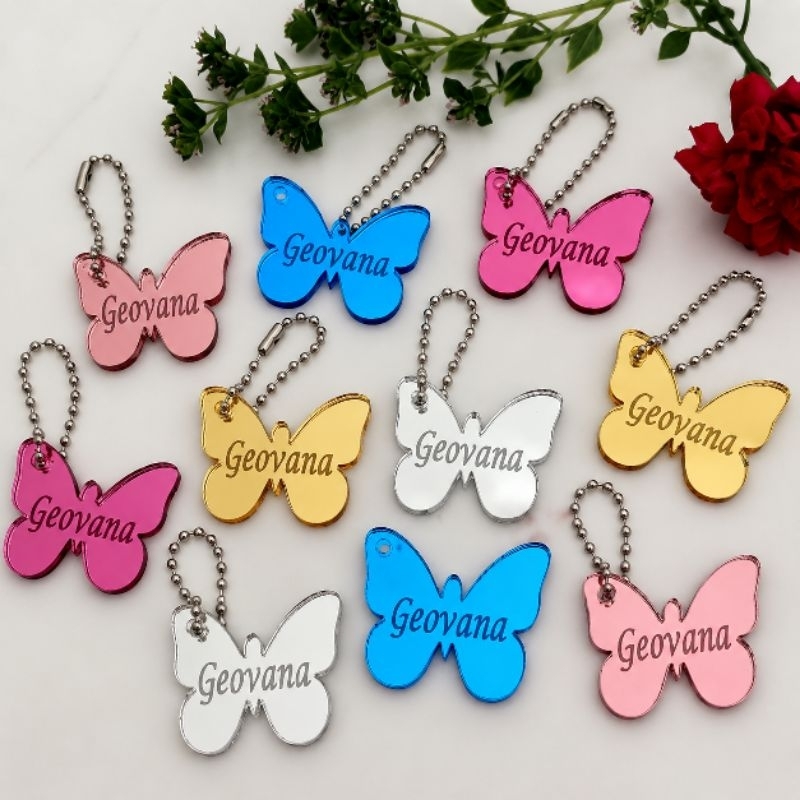 Chaveiro 3cm etiqueta borboletas 30/50/80 un personalizado acrilico espelhado, decoração pingente