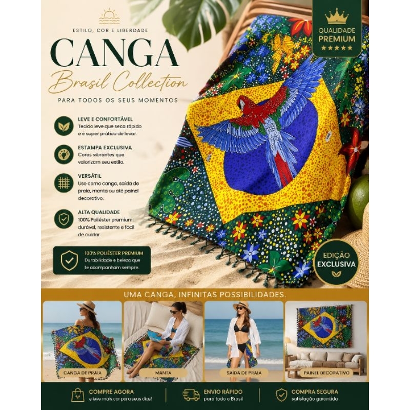 Canga Praia Saída Beach Piscina Pareo Painel 160x110CM Toalha 100%Poliéster Verão Grande Bandeira Brasil