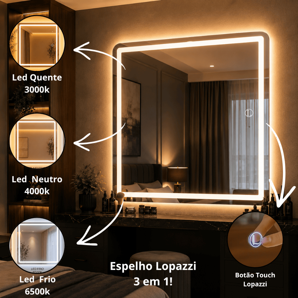 Espelho Lopazzi Retangular com LED 80x90cm Acionamento Touch para Banheiro e Lavabo