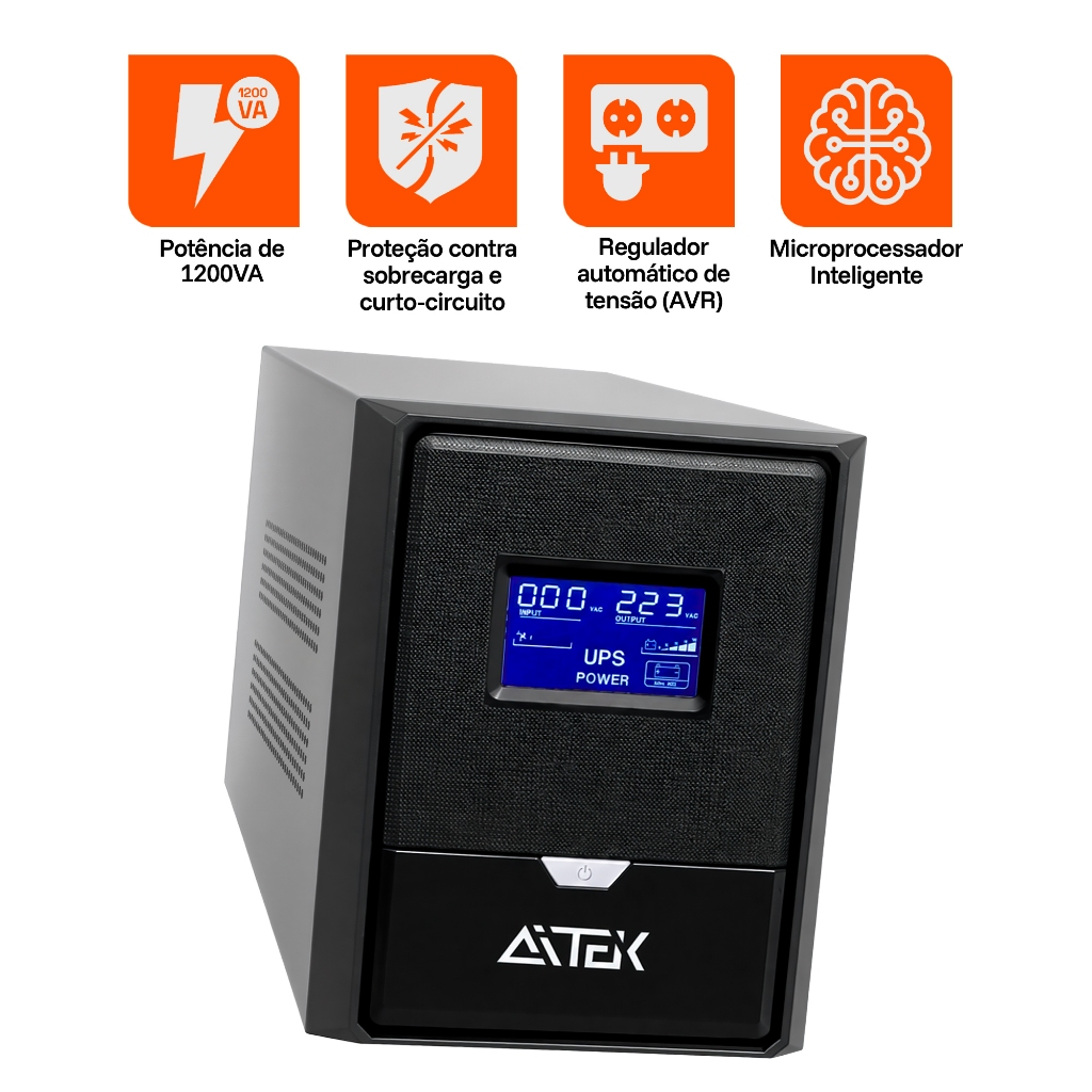 Nobreak 1200VA 720W Bivolt Automático Display LCD AVR Proteção Contra Surtos e Curto-Circuito — imagem 2 de 2