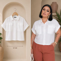 BLUSA FEMININA CROPPED COM GOLA COLARINHO COM BOTÕES, MANGA CURTA
