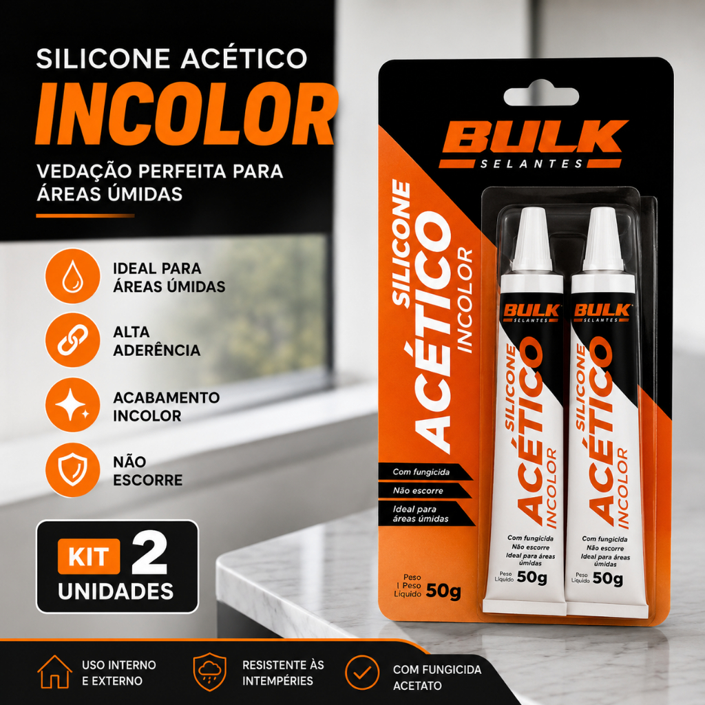 Kit 2 Silicone Acético Incolor 50g Bulk Selantes Vedação Banheiro Cozinha Vidro Alumínio PVC