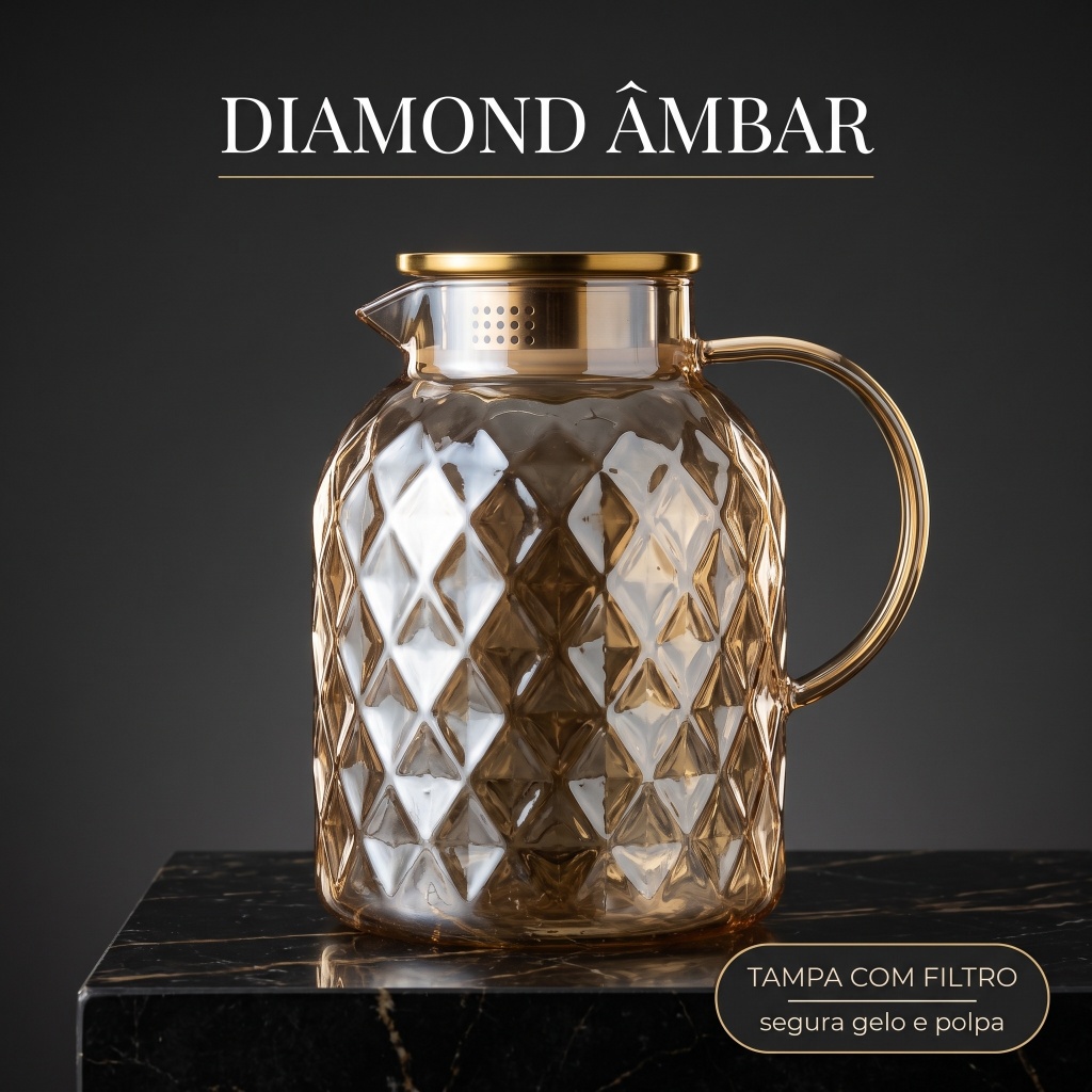 Jarra Vidro Borossilicato Resistente Tampa De Inox 1,5L ou 1,8L Diamond Ambar