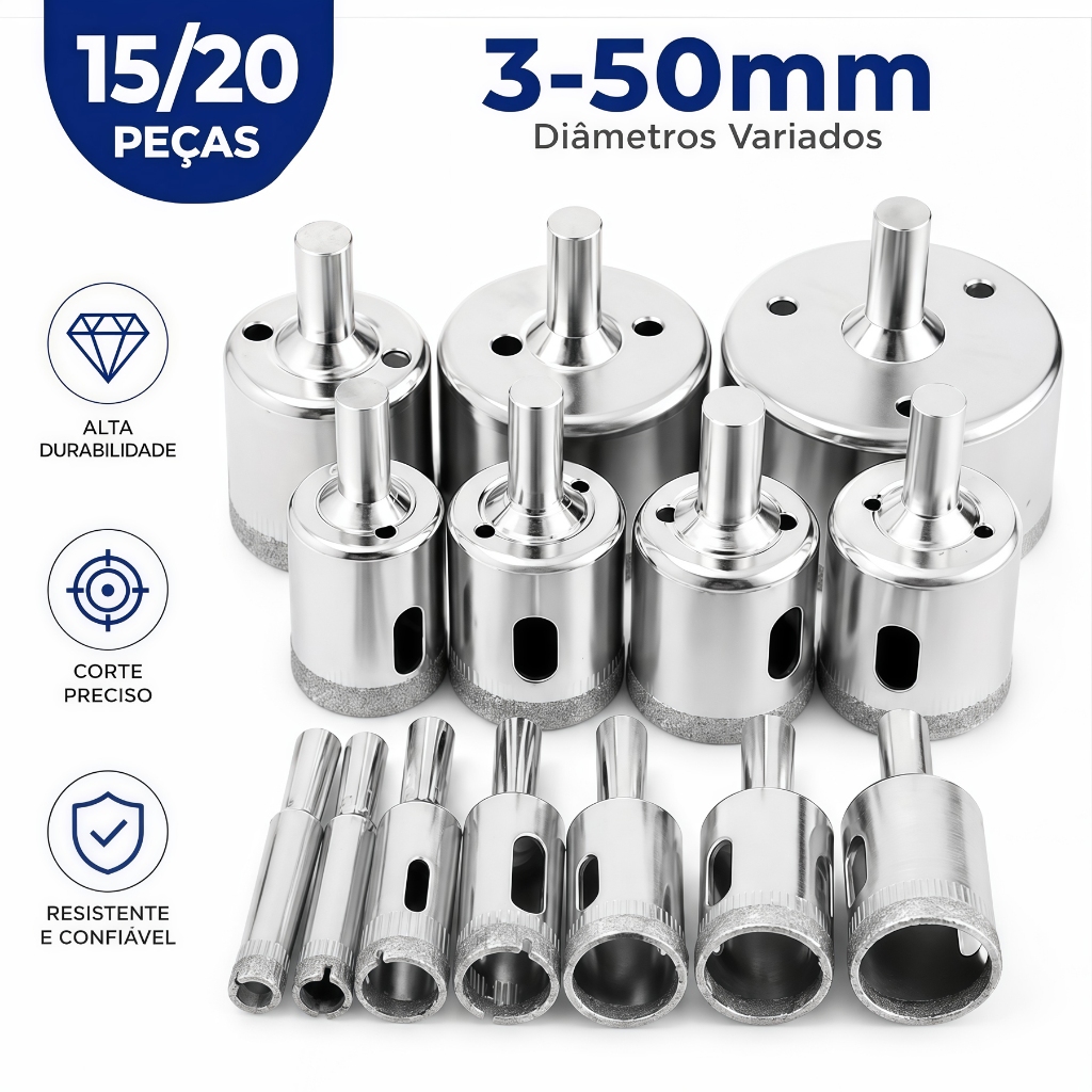 Jogo 15/20 Brocas Diamantadas Serra Copo Vidro Granito Ceramica 4-50mm
