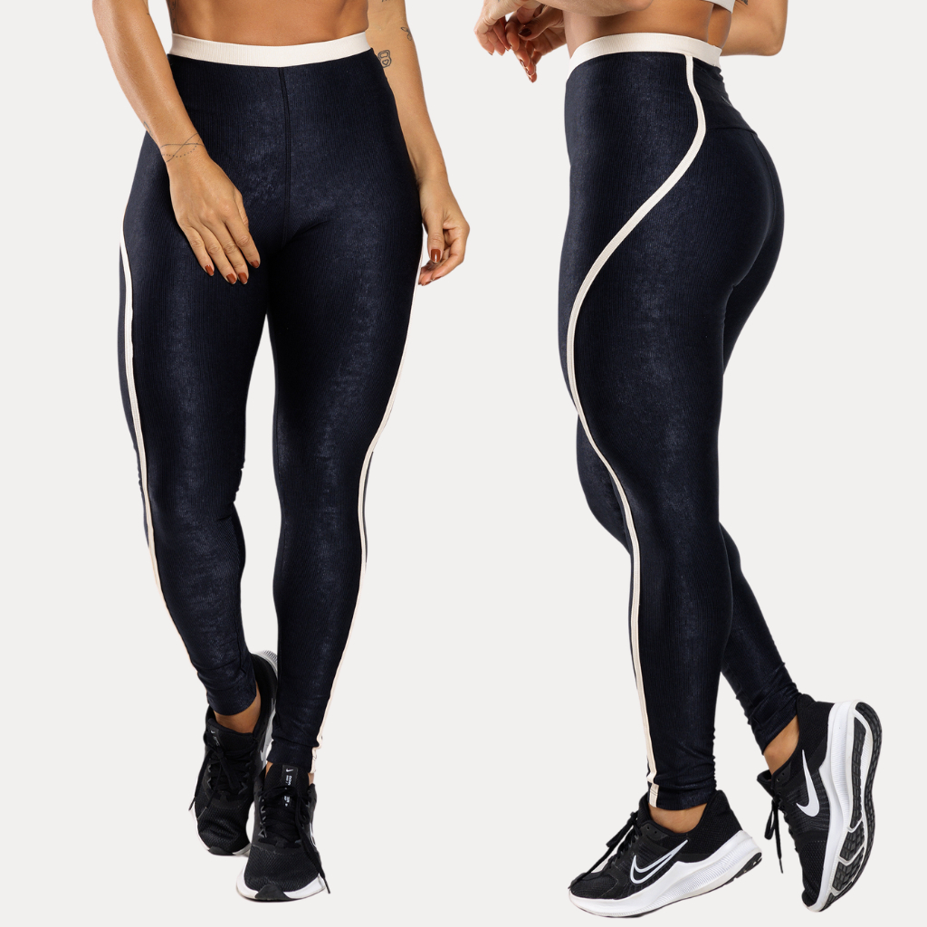 Calça Legging Fitness Feminina Micro Canelada Bicolor Brilhante Com Bolso e Cintura Alta Zero Transparência Academia