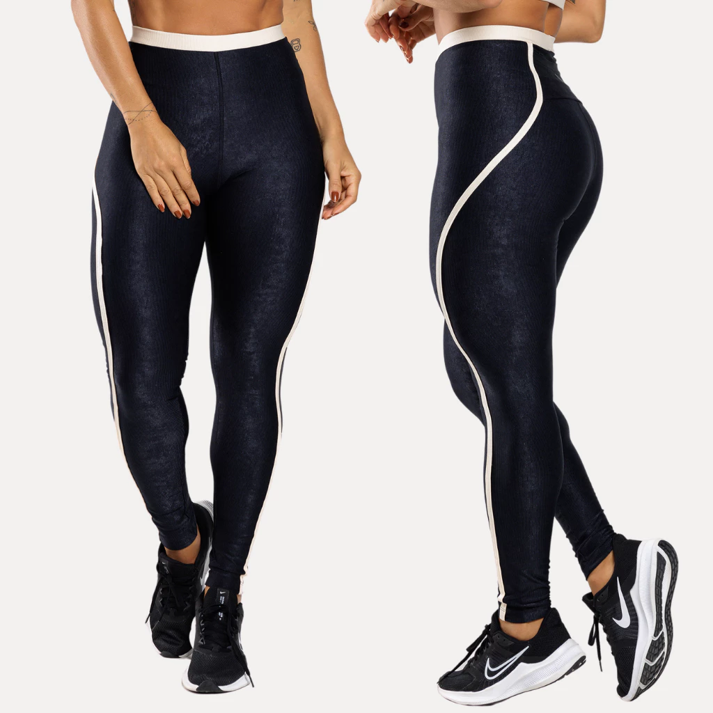 Calça Legging Fitness Feminina Micro Canelada Bicolor Brilhante Com Bolso e Cintura Alta Zero Transparência Academia — imagem 1