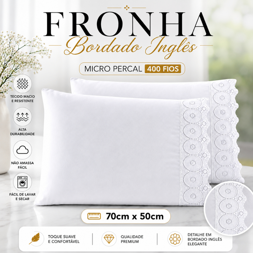 Kit 2 Fronha Bordado Inglês 400 Fios Micro Percal 70x50 Porta Travesseiro Premium Toque Macio Luxo