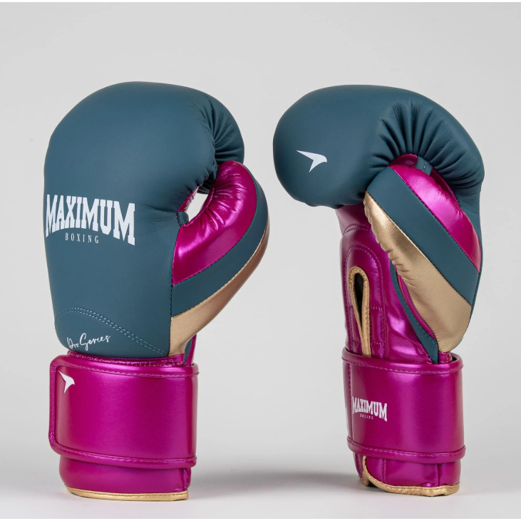 Luva Profissional Maximum Muay Thai e Boxe Azul Detalhes Rosa - Mix de Microfibra Pemium