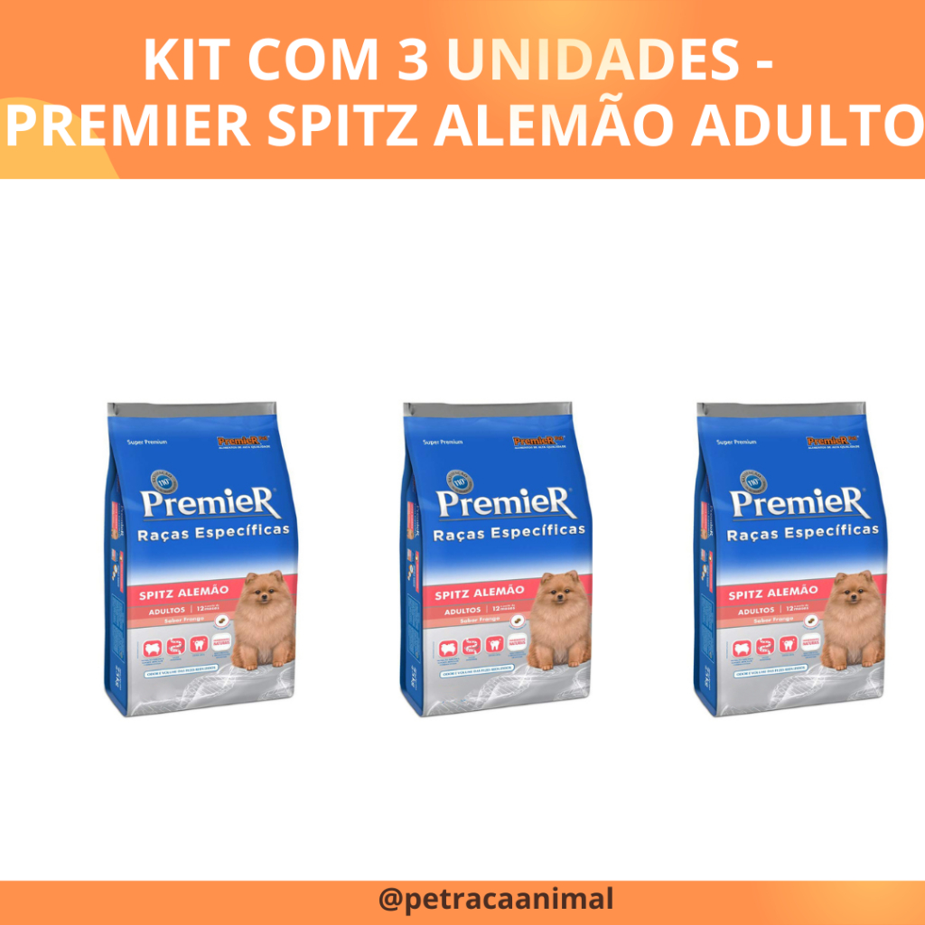 3x Ração Premier Raças Específicas Spitz Alemão Adulto Frango 1kg