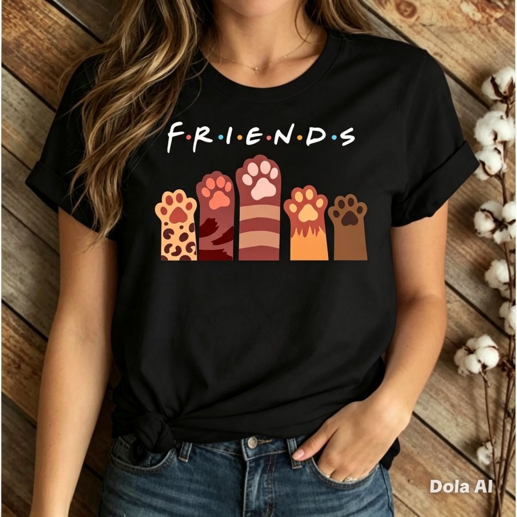 Blusa Camiseta Basica  Feminina Patinhas Pet Friends Manga Curta Para Mulheres Caimento Basico  Trabalho Casual
