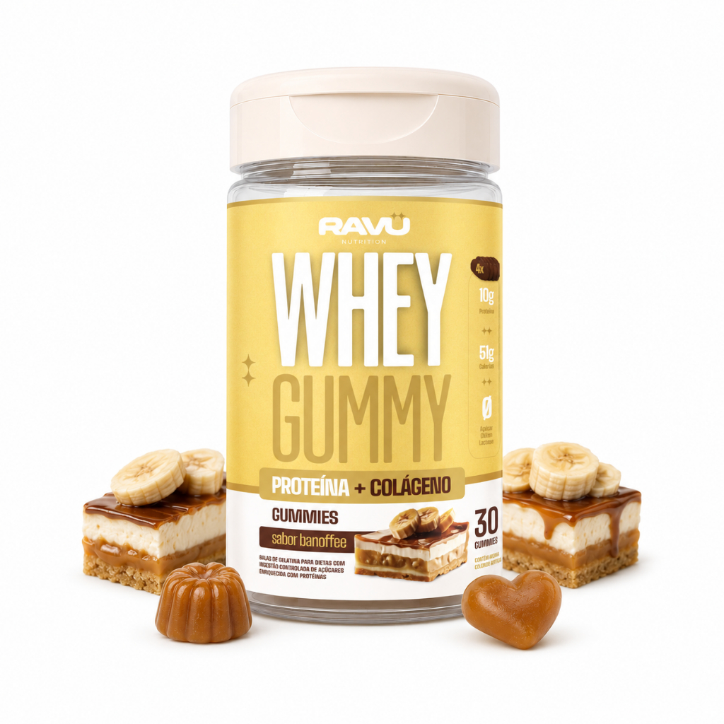 Whey Protein em Gomas Sabor Banoffee – Alta Proteína + Colágeno, Zero Lactose, Sem Açúcar – Ravu
