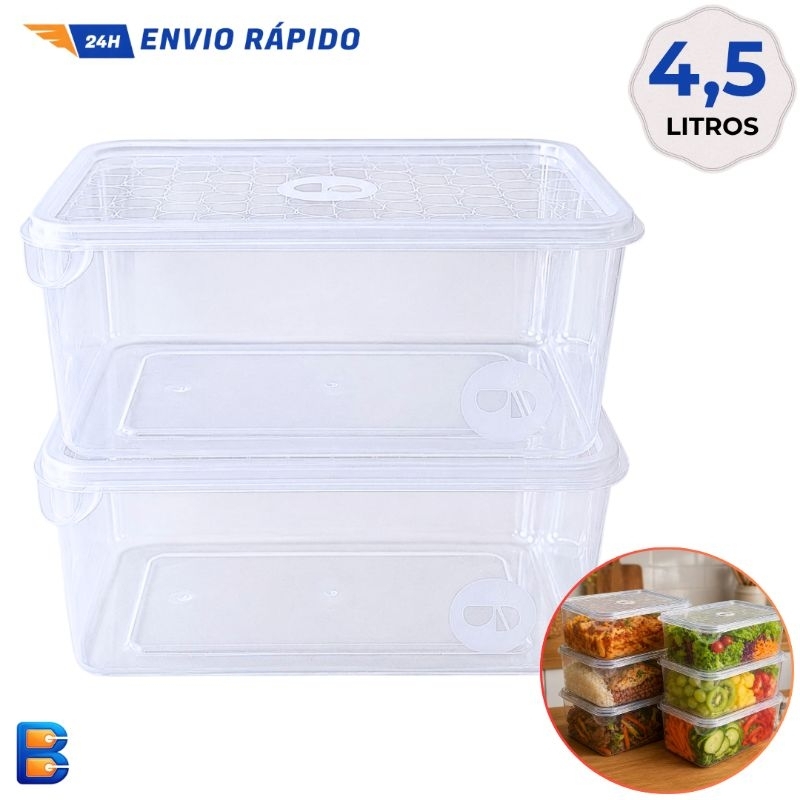 Pote plástico com Tampa 4,5 Litros Transparente Retangular Organizador Vasilha Marmita Geladeira Freezer