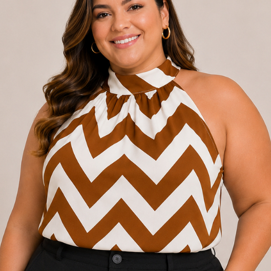 Blusa Feminina Plus Size Gola Alta Estampa Zig Zag Sem Mangas Elegante
