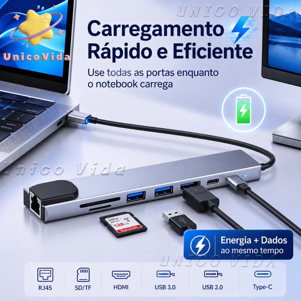 Adaptador Hub USB-C 8 em 1 com HDMI 4K RJ45 USB 3.0 Leitor SD TF para Notebook e PC | UnicoVida