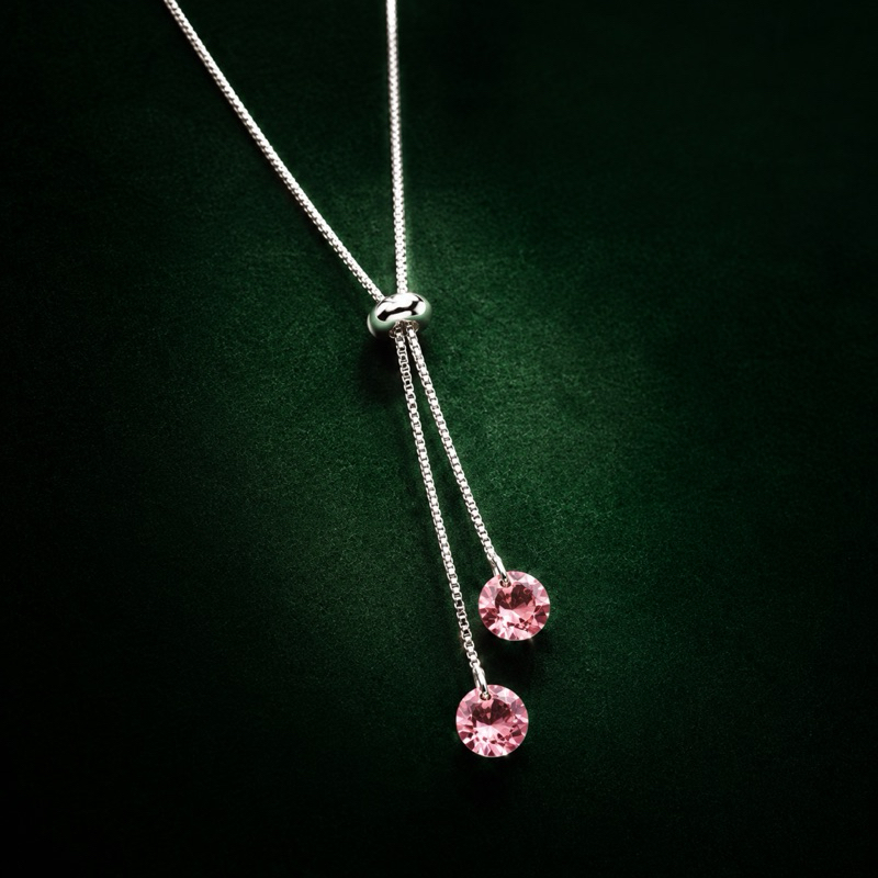 Colar Gravata Prata 925 com Zircônias Redondas Rosa Bebê Elegante