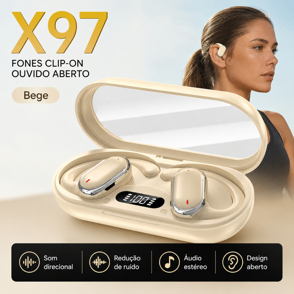 Fone Bluetooth X97 Clip-On Aberto, Não Entra no Ouvido, Bluetooth 5.3, Microfone com IA e Display de Bateria