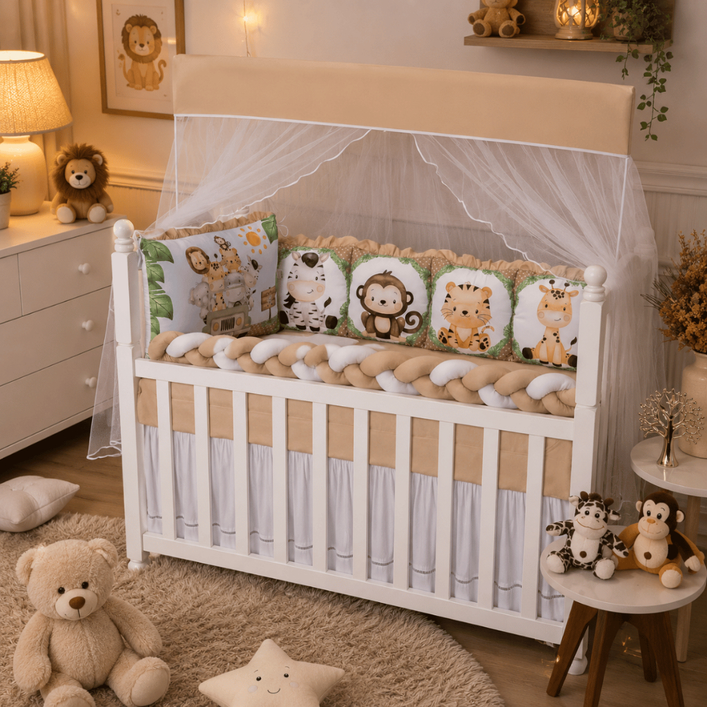Kit Berço 13 Peças Bebê Menino Safari Caqui Almofadinhas Trança Berço Americano Luxo