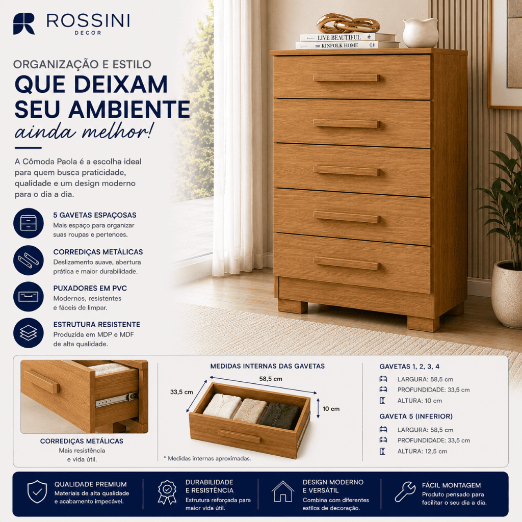 Cômoda MDP 5 Gavetas Cedro Madeira Com Puxador Para Quarto Decoração Closet Gaveteiro Alto Organizador — imagem 2 de 2