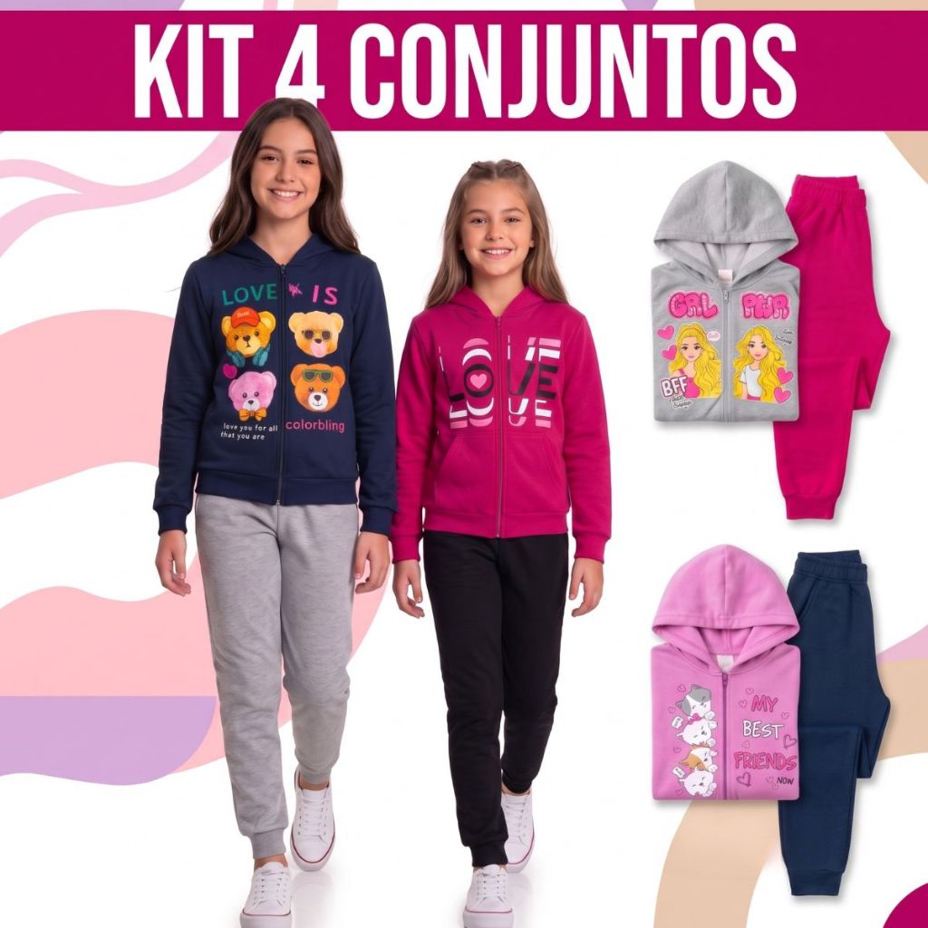 Kit 8 Peças Calça + Blusa Casaco Moletom Conjunto Infantil Menina 10 ao 14 Feminino Inverno Juvenil