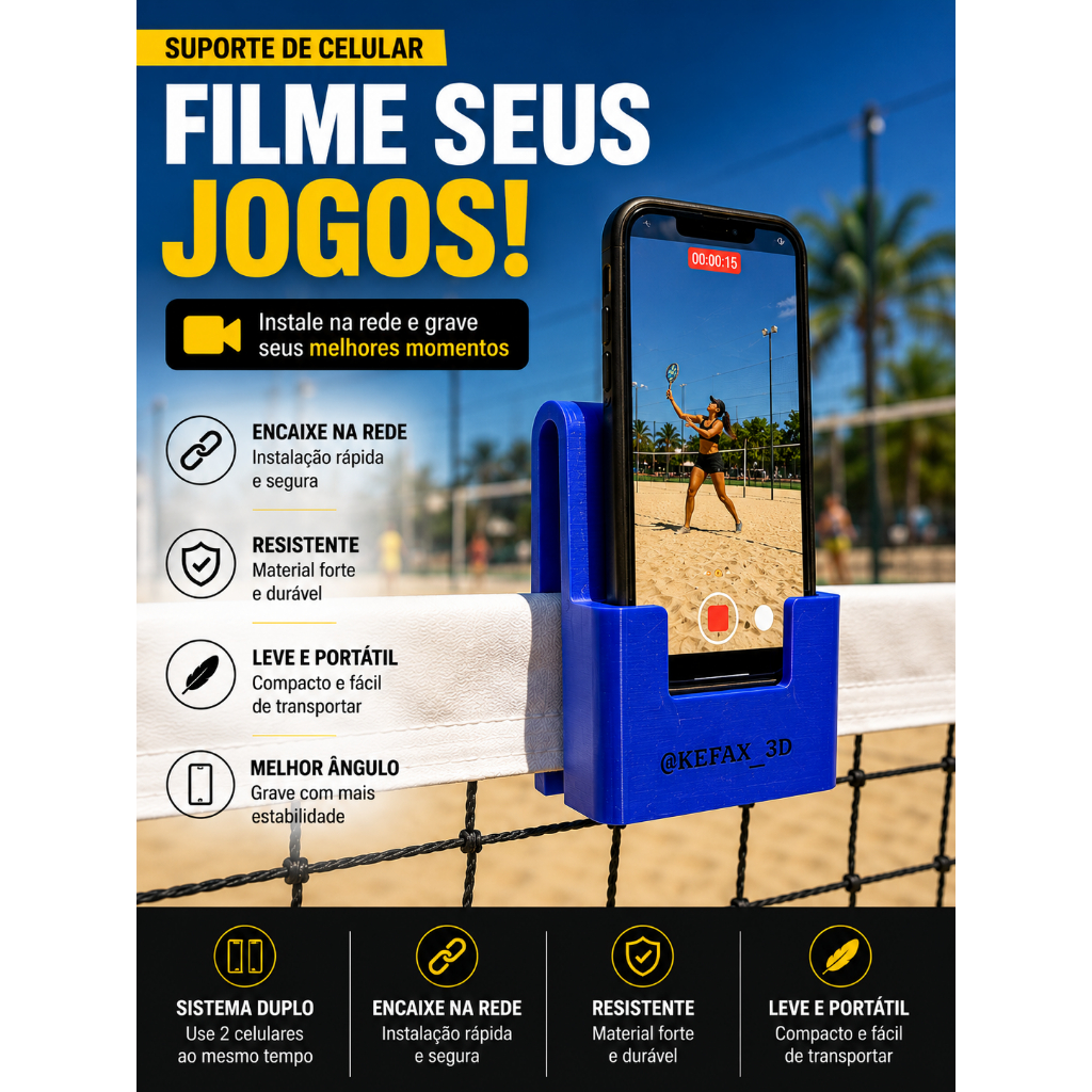 Suporte Duplo de Celular para Rede Beach Tennis Tênis Vôlei Badminton | Gravar Jogos e Treinos