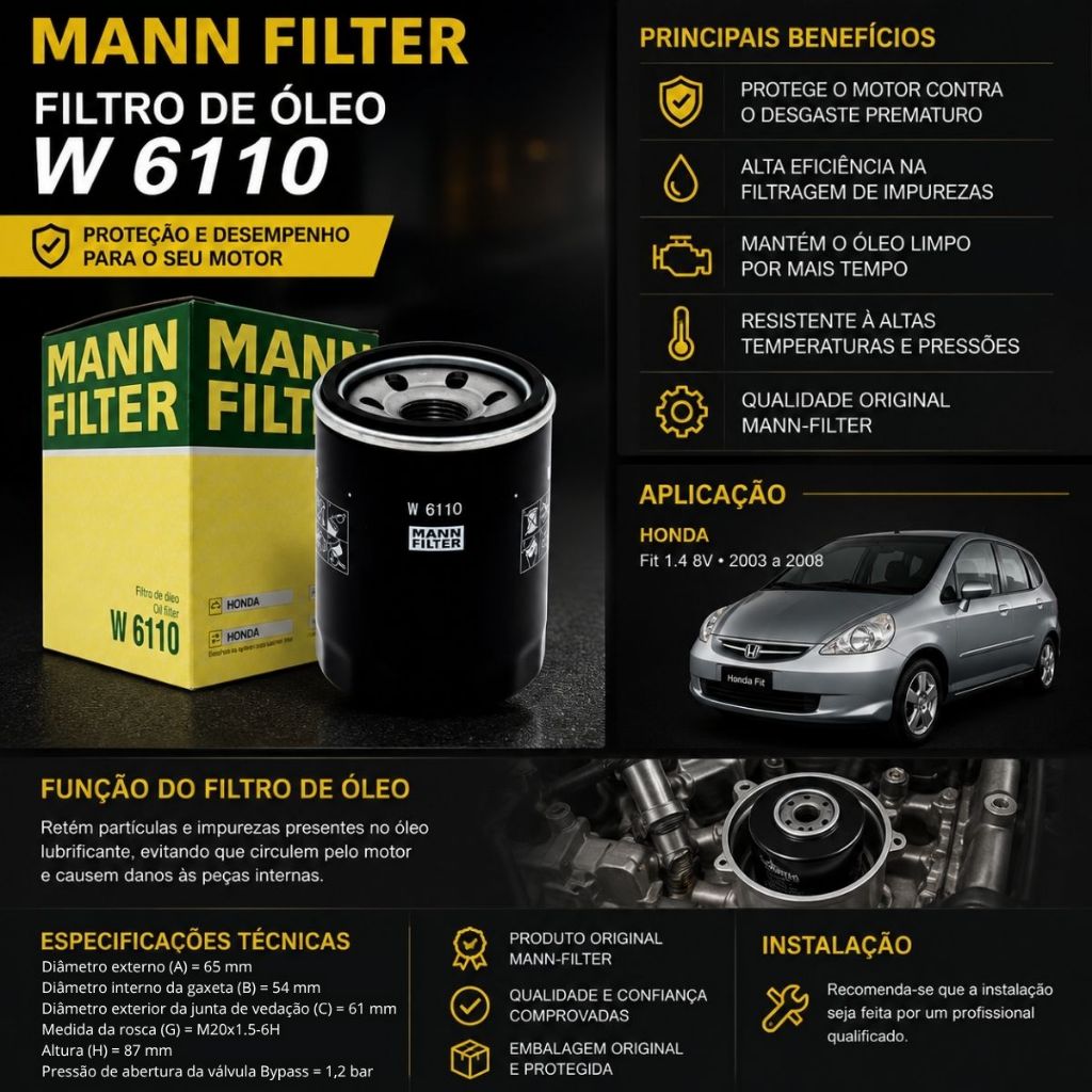 Filtro de Óleo Honda Civic Fit Accord Várias Aplicações / Mann Filter - W6110