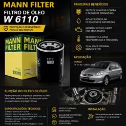 Filtro de Óleo Honda Civic Fit Accord Várias Aplicações / Mann Filter - W6110