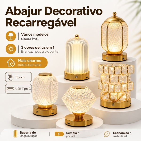 Abajur Mesa Luxo Dourado Cristal Acrílico Portátil Recarregável Luminária Decorativa Quarto Sala