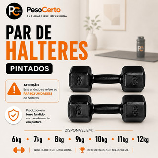 Par Halter Sextavado Pintado 6kg a 12kg - Academia Musculação Treino em Casa Crossfit Funcional Peso Fisioterapia