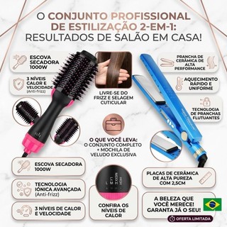 Kit 2 em 1 Chapinha Alisadora + Escova Secadora Íons Negativos Bivolt 110/220V Profissional