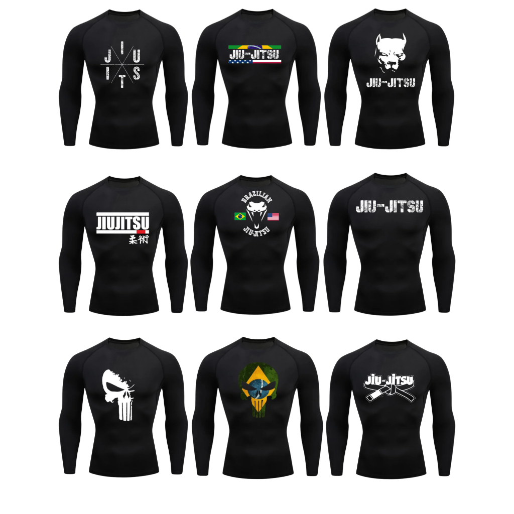 Camisa Compressão Rash Guard Jiu Jitsu No gi Manga Longa Curta Treino Competição Luta