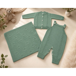 Kit Conjunto de Saída de Maternidade Jardineira  Romper Casaquinho  Manta Luxo 3 Pecas En…
