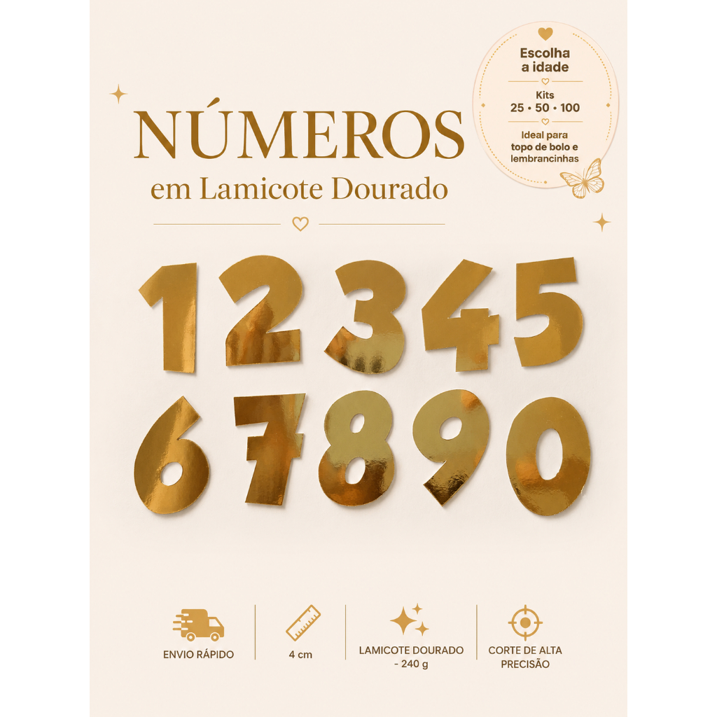 Números em Lamicote Dourado | Aplique para Topo de Bolo e lembrancinha | Escolha o número