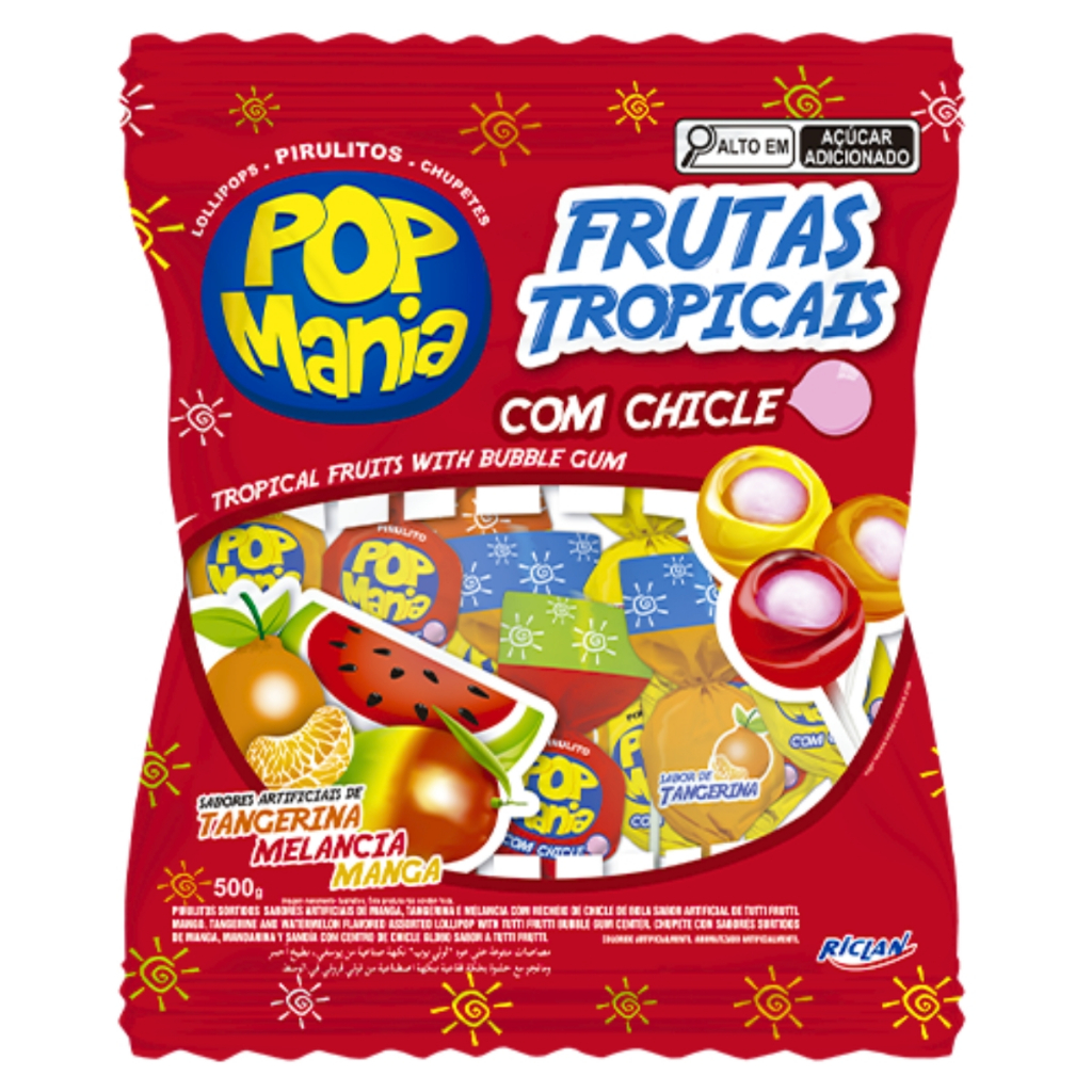 Pirulito Pop Mania Frutas Tropicais Com Recheio Chiclete 500g Riclan