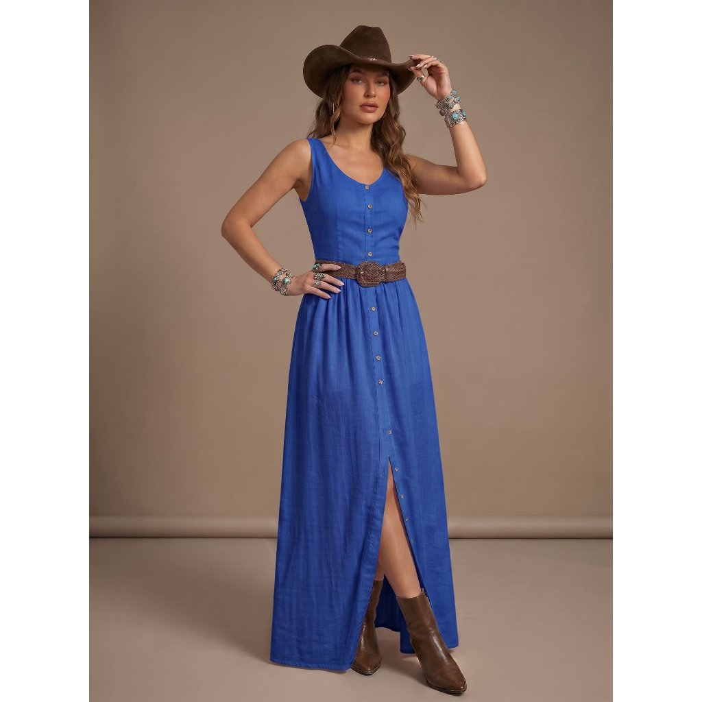 Vestido Longo Country Feminino Com Botões E Fenda Moda Rodeio