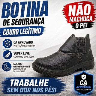 Bota Botina Segurança Couro Legítimo CA Aprovado Bota EPI Antiderrapante Confortável Leve Unisex