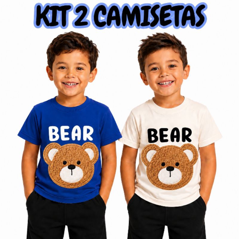 Kit 2 Camisetas Infantil Estampa Ursinho fofo Manga Curta 100% Algodão Confortável Menino e Menina