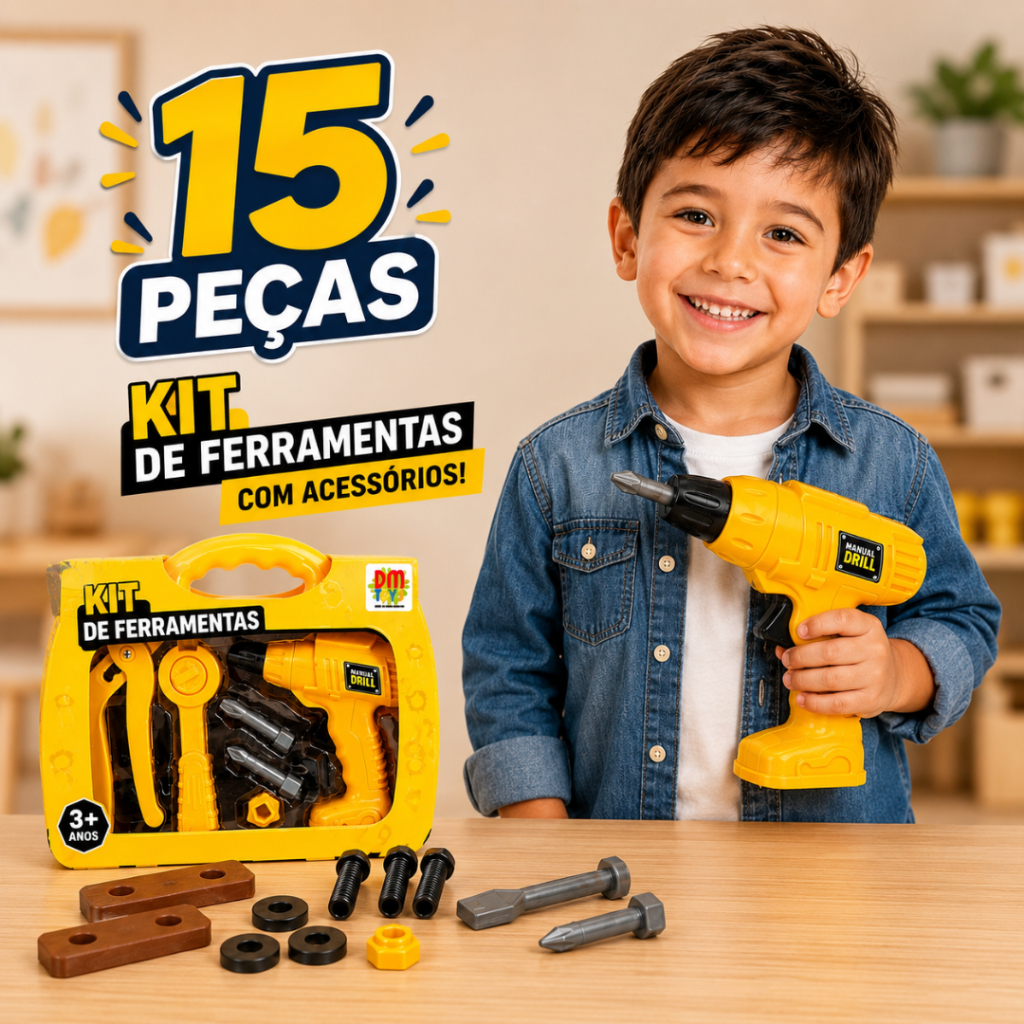 Kit Ferramentas Infantil com Maleta Organizadora 15 Peças Furadeira Alicate e Chave Catraca Brinquedo Menino Menina