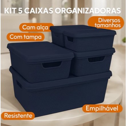 Kit 5 Caixas Organizadora Com Tampa Cestos Multiuso Gaveta Armário Lavanderia Jaguar Utilidades