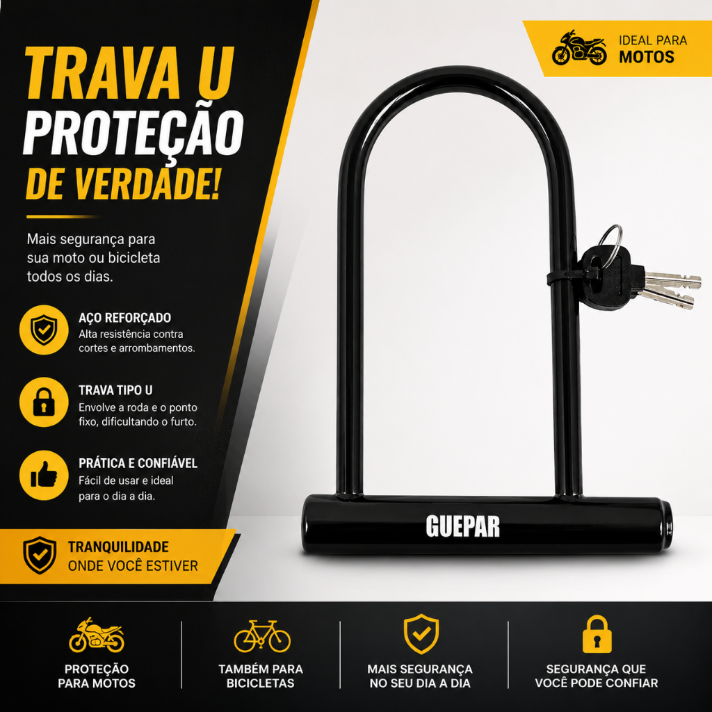 Trava U-Lock Antifurto Moto Bike Scooter Aço Reforçado 2 Chaves