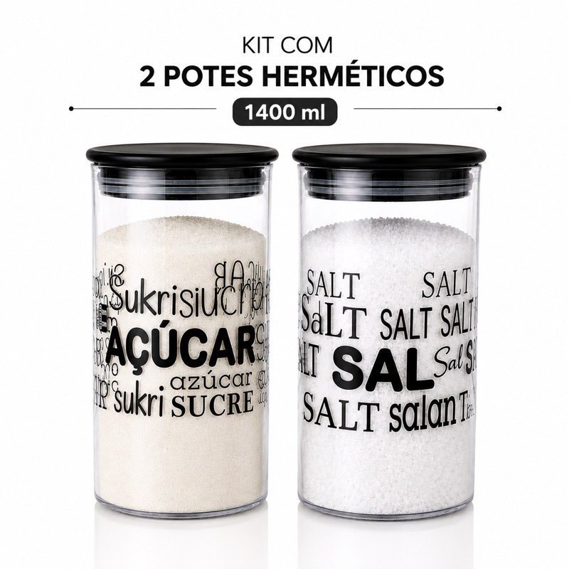 Kit 2 Potes Herméticos 1400ml Sal e Açúcar Organizador de Cozinha Tampa com Vedação Porta Mantimentos Transparente