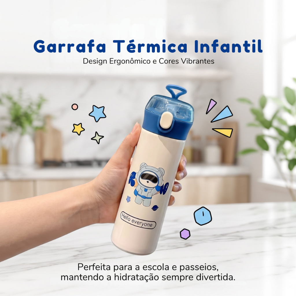 Garrafa Térmica Infantil escolar estampa de urso em Inox e trava 500ml com alça