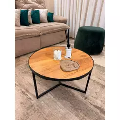 Mesa Mesinha Centro de Decoração Sala - Base Metal Preta com Tampo de Cinamomo cor Madeira